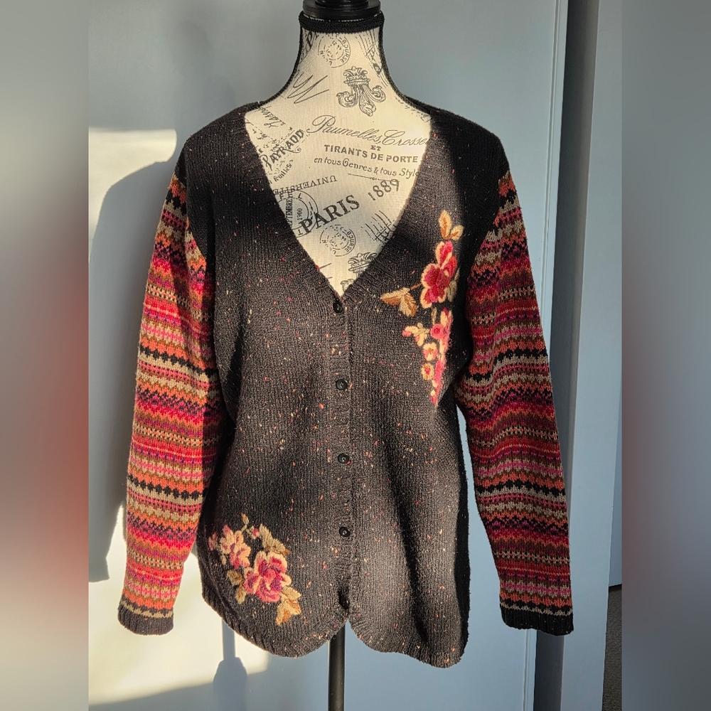 Vintage Floral Embroidered Cardigan Folk Knit Size L